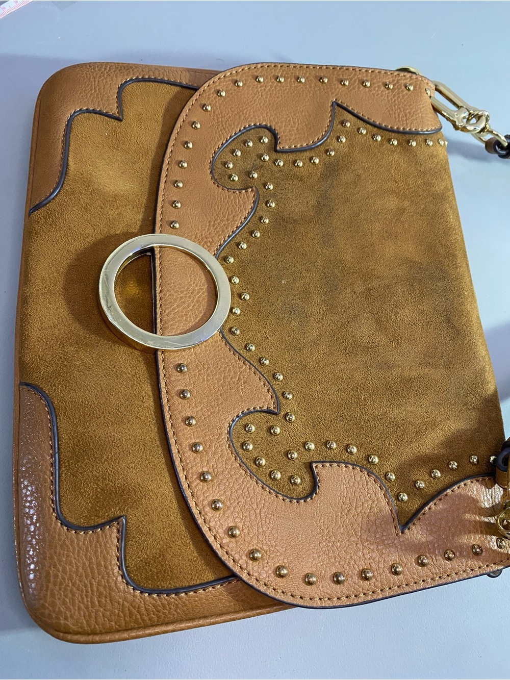 Aldo Tan Suede & Leather Shoulder Bag with Gold Ring Accent - Picture 8 of 16